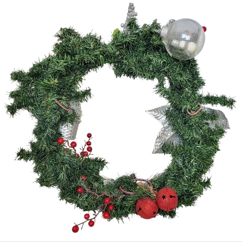 Handmade Christmas Wreath Silver Poinsettia & Red Berries Holiday Decor